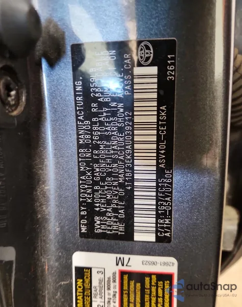 2010 Toyota Camry Base из США, поврежденный, VIN 4T1BF3EK9AU039212